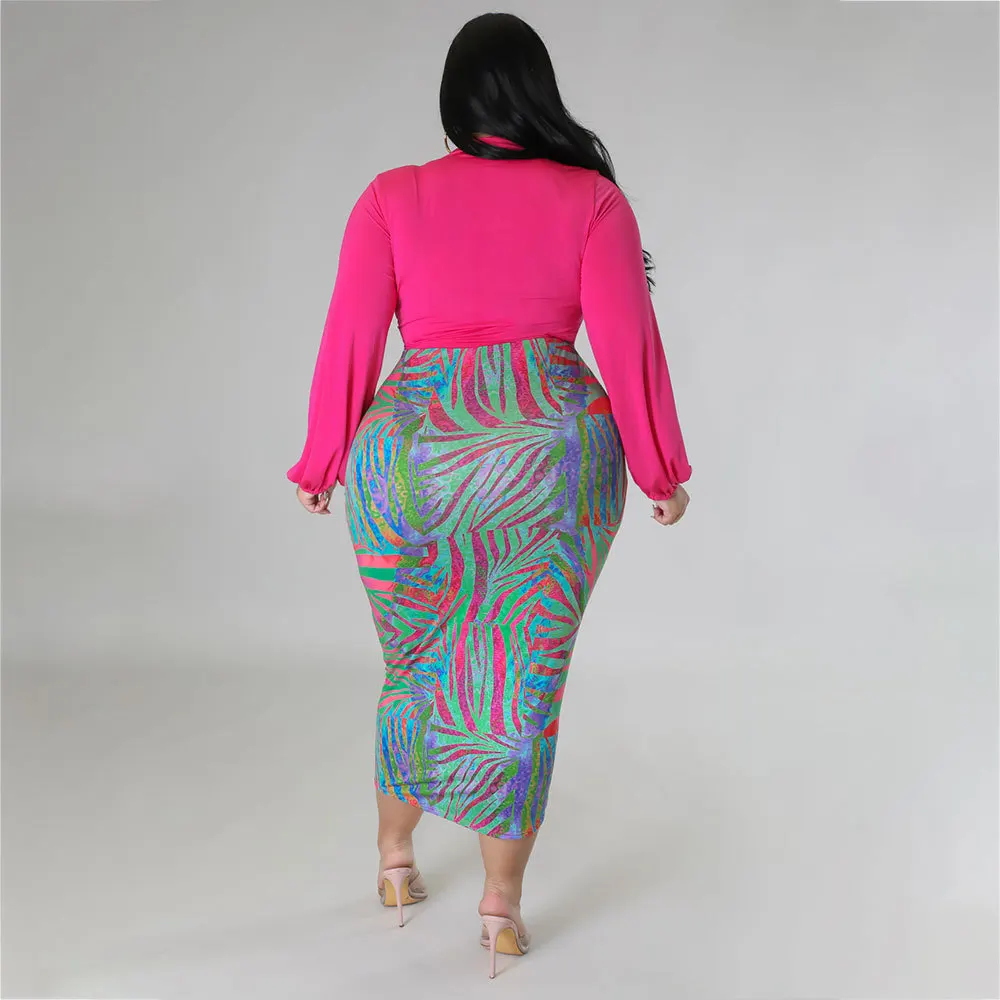 2023 Spring Leaf Print Dress Bandage Top Party Elegant Dinner Skirts Female Luxury Designer Cloth Plus Size Women Two Piece Sets