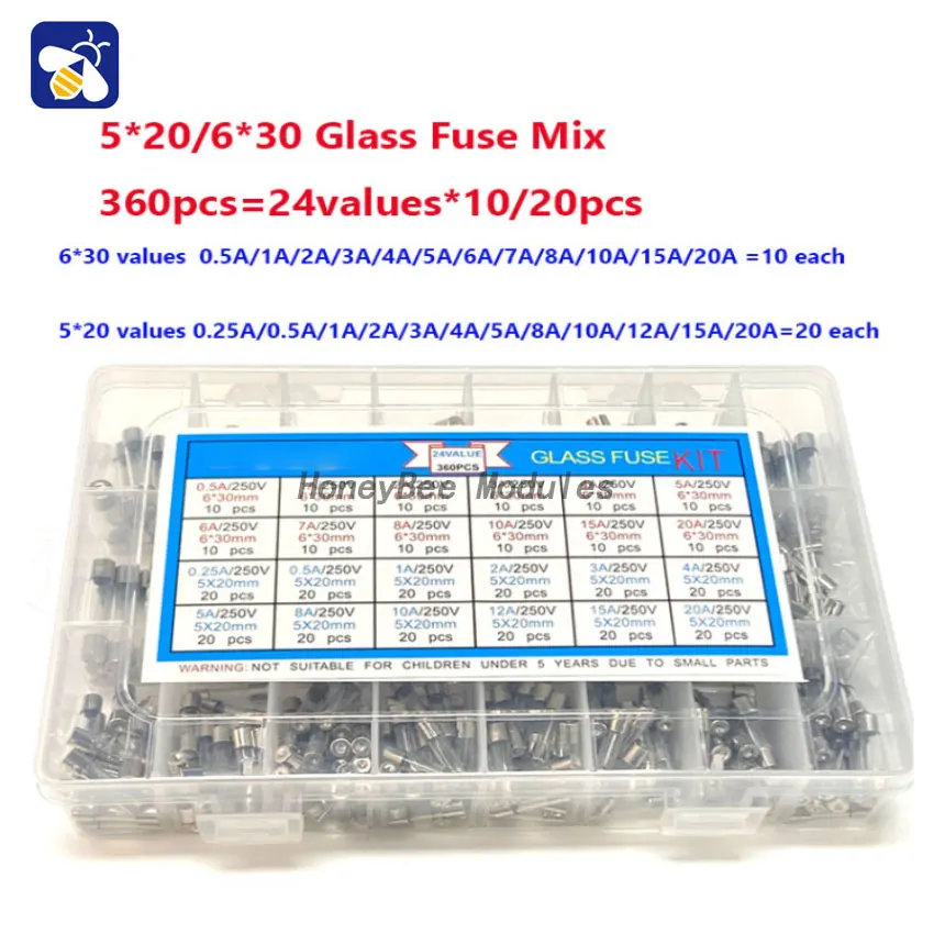 

360PCS 6×30mm glass fuse 0.5A-20A 5×20 fuse 0.25A-20A fast break