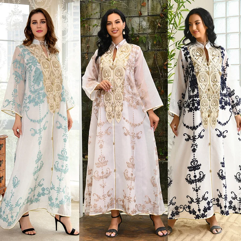 Eid Mubarak Abaya Dubai Turkey Mesh Muslim Fashion Arabic Dress Embroidery Evening Party Caftan Dresses for Women Kaftan Islam