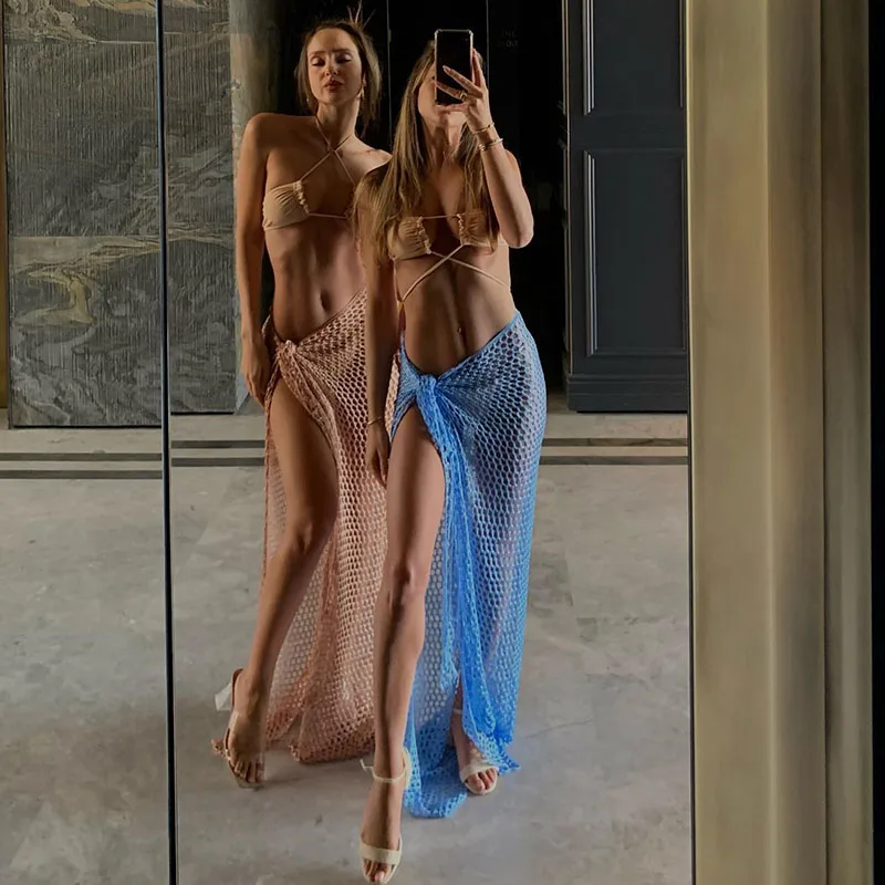 Пляжная накидка-кроше 2024 сексуальное прозрачное платье вязаные длинные юбки