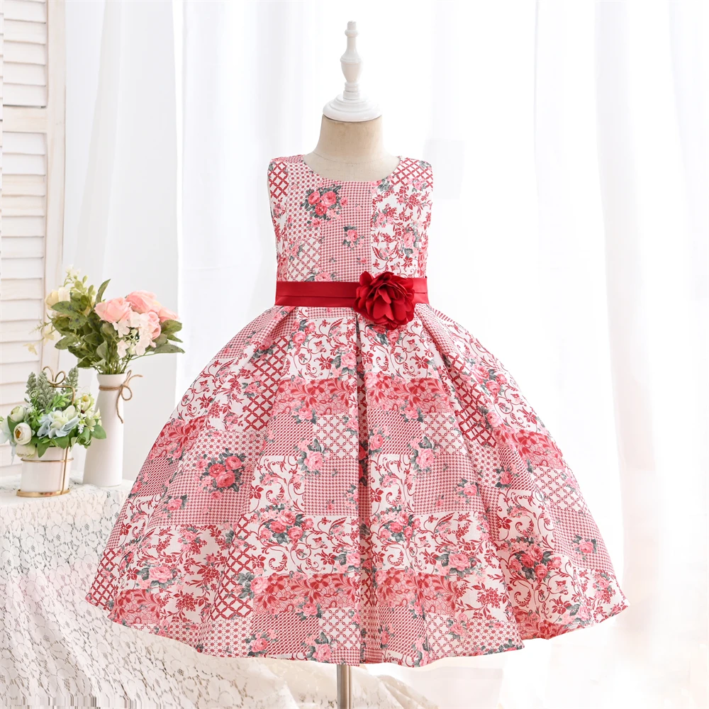 Outong 5 To 9 Year Old Girl Floral Dress Short Sleeve Flower Print Dresses For Children Birthday Cotton Soft Kids Clothes Girls