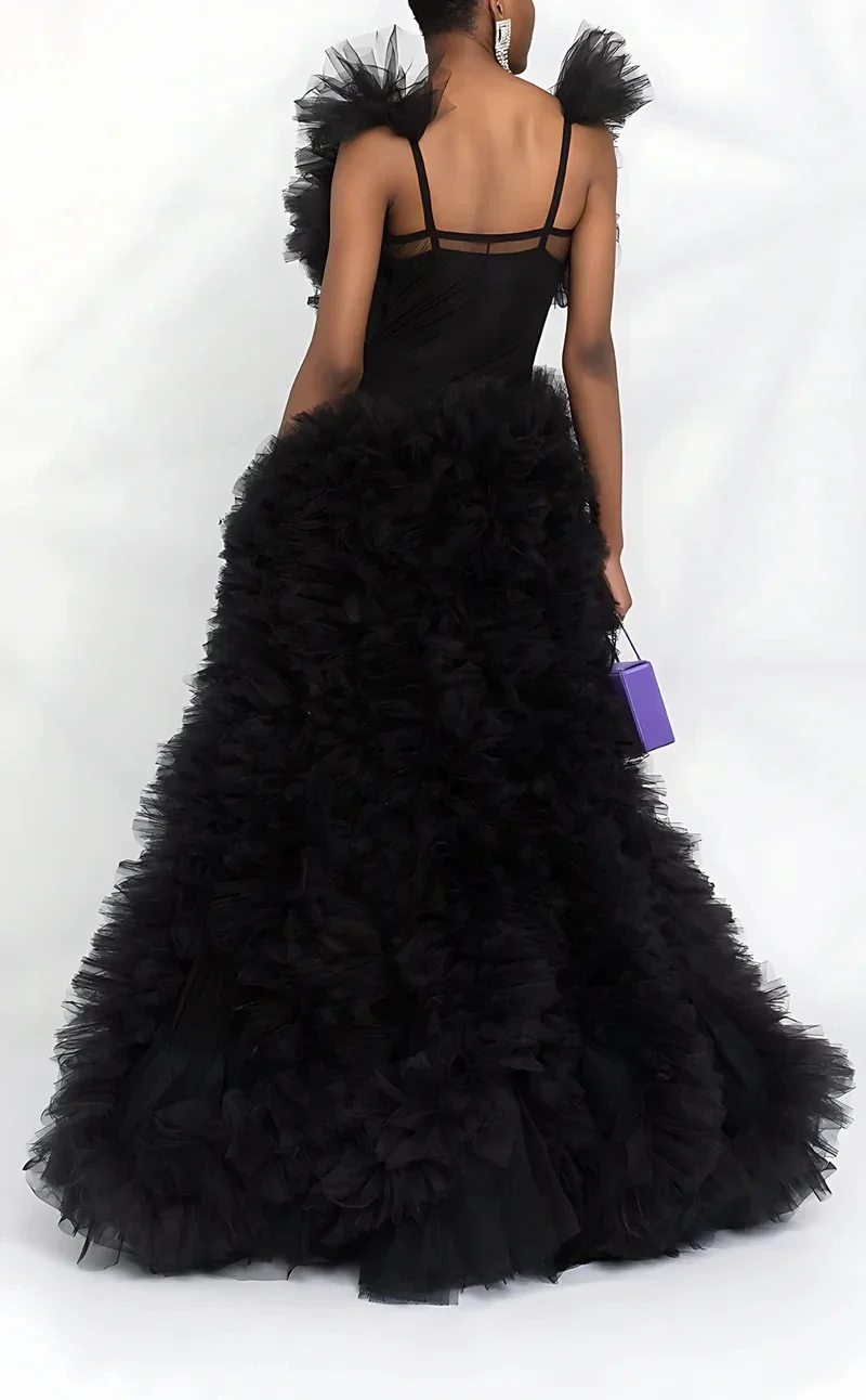 Пышные длинные платья для выпускного вечера с рюшами Черное арабское вечернее