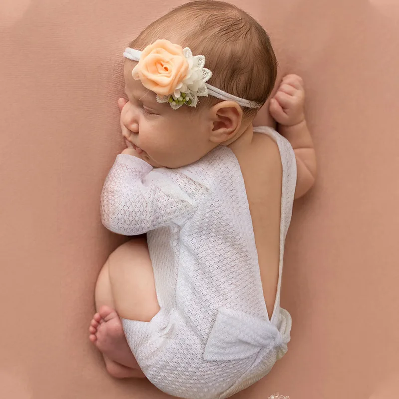 Newborn Girl Outfit Baby Photography Props Long Sleeve Solid Photography Clothing Infant Jumpsuit Rompers Bow Tie 0-3 Month