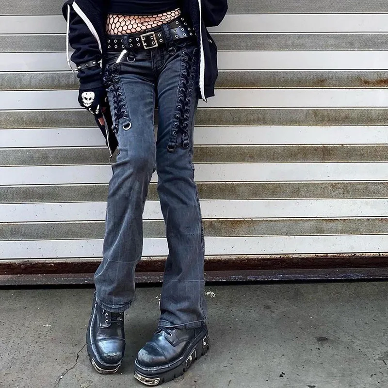 

Women's Trendy Retro Low Waist Straight Pants Street Style Personalized Eyelet Strap Design Grey Jeans