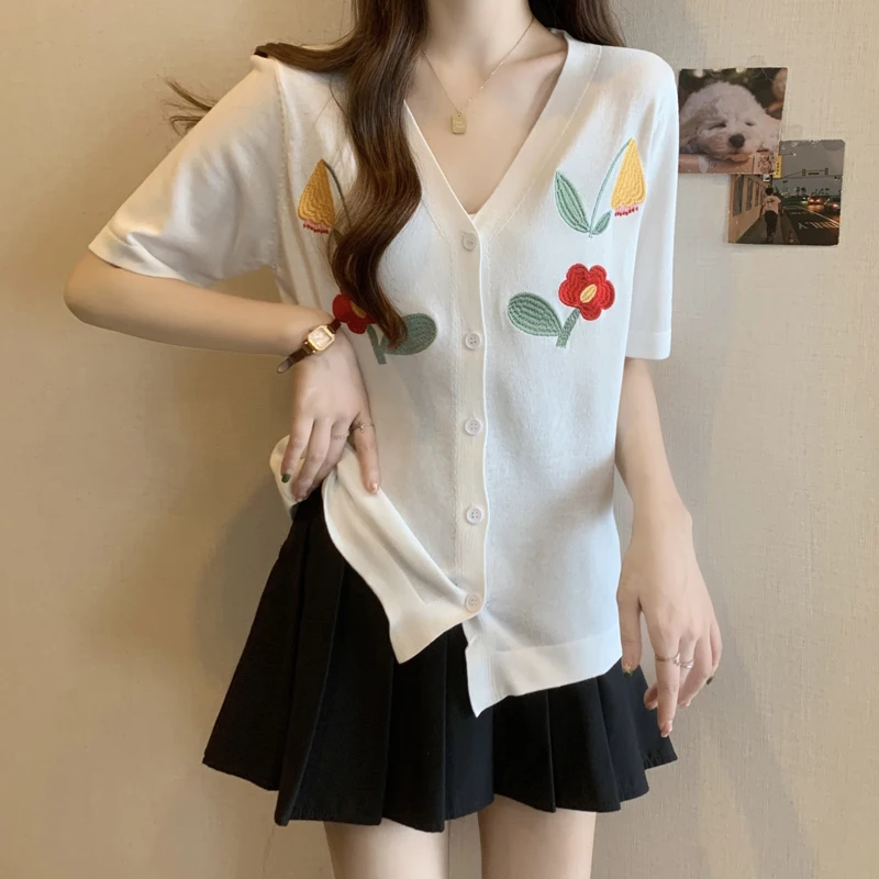 

Женский однобортный Кардиган с коротким рукавом, элегантный вязаный кардиган с V-образным вырезом и цветочным принтом, лето 2023