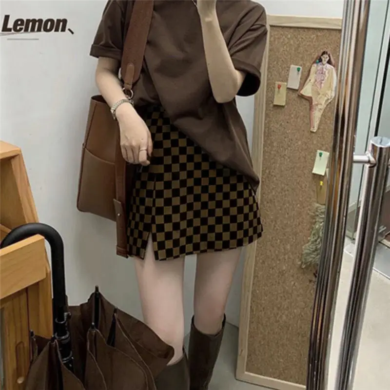 

2022 spring and summer new high waist thin fashion all-match A-line skirt checkerboard short skirt feminine skirt