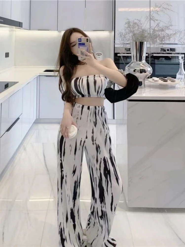 Комплект из двух предметов женские прямые брюки в полоску с завышенной талией