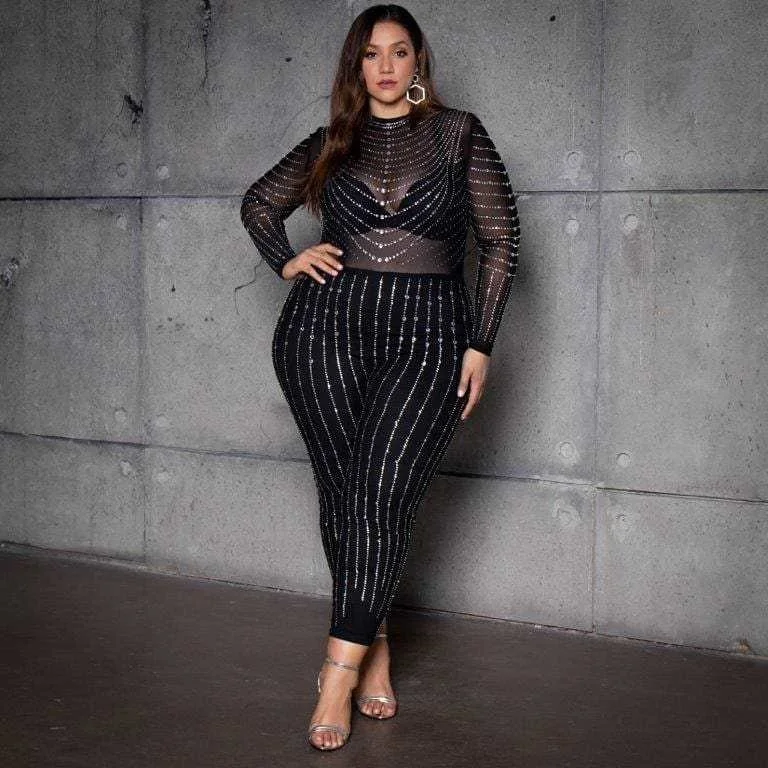 

Plus Size Jumpsuit New Large High Elastic Mesh Perspective Sexy Long Sleeve Hot Drill Jumpsuit Women Nightclub