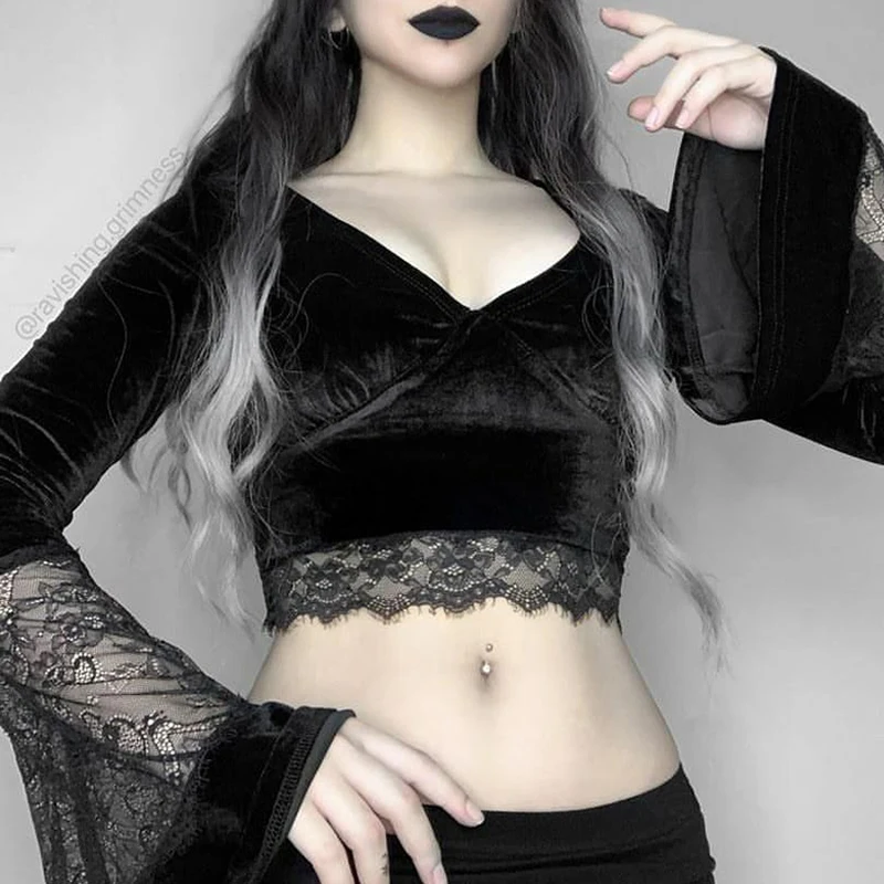

Goth Dark Velvet Elegant Mall Gothic Women Blouses Grunge Aesthetic Lace Hem V-neck Crop Tops Sexy Flare Sleeve Punk Alt T-shirt
