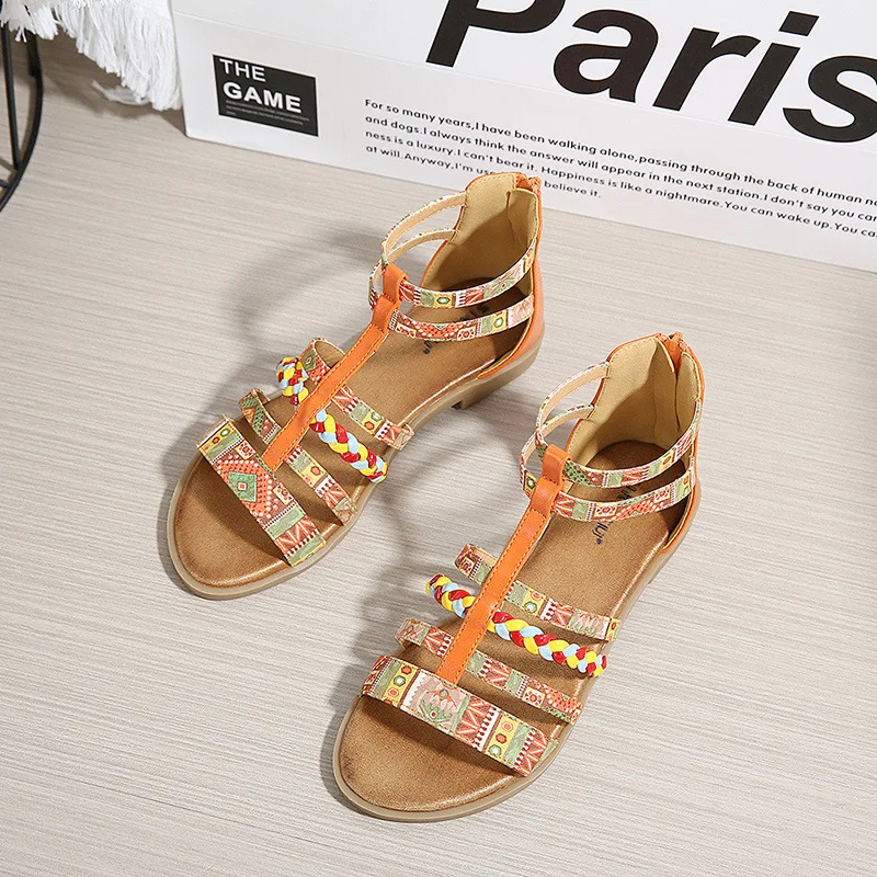 

Сандалии женские в этническом стиле, босоножки с плоской подошвой и узкими ремешками, разноцветная обувь в римском стиле, лето