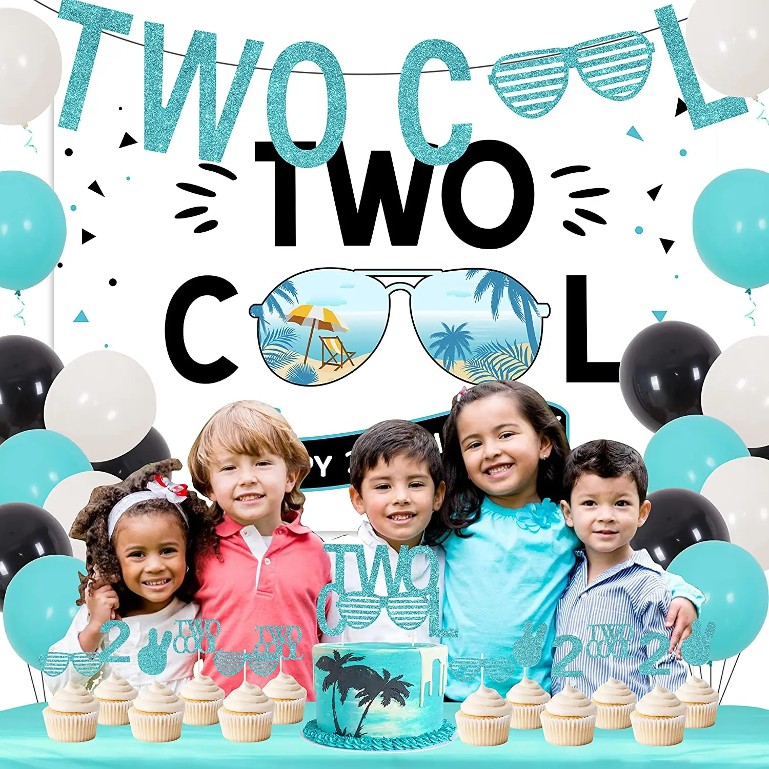 JOYMEMO Two Cool Birthday Party Decorations for Boys Happy 2nd Birthday Backdrop Two Cool Banner Glitter 2 Year Old Cake Topper images - 6