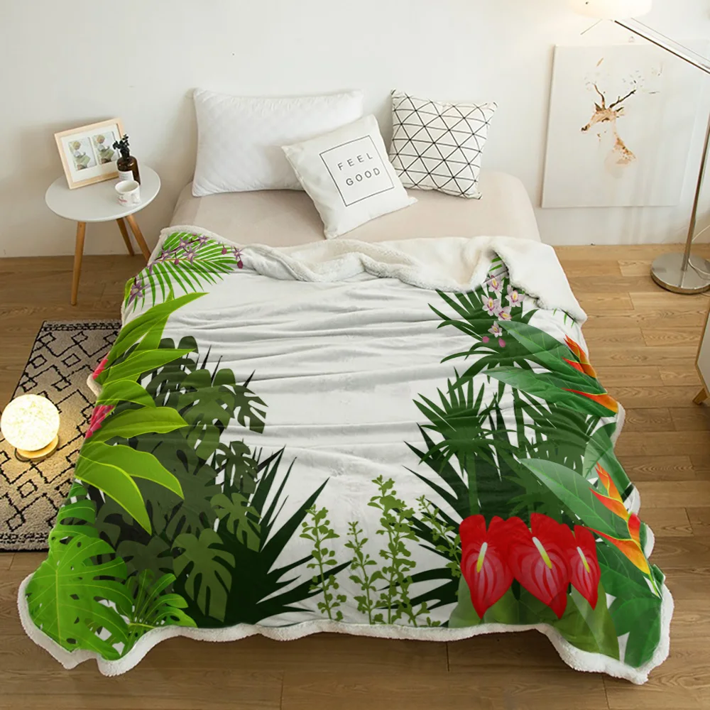 

Tropical Jungle Plant Leaves Flower Green White Cashmere Blanket Thick Winter Bed Lamb Blankets Office Nap Sofa Bed Bedspread