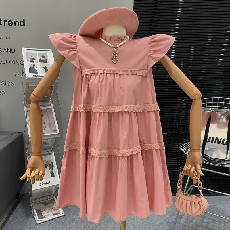 

New in Women's Clothing 2023 Summer Loose Flying sleeve Sweet Gentle Pleated Pink Doll Dress