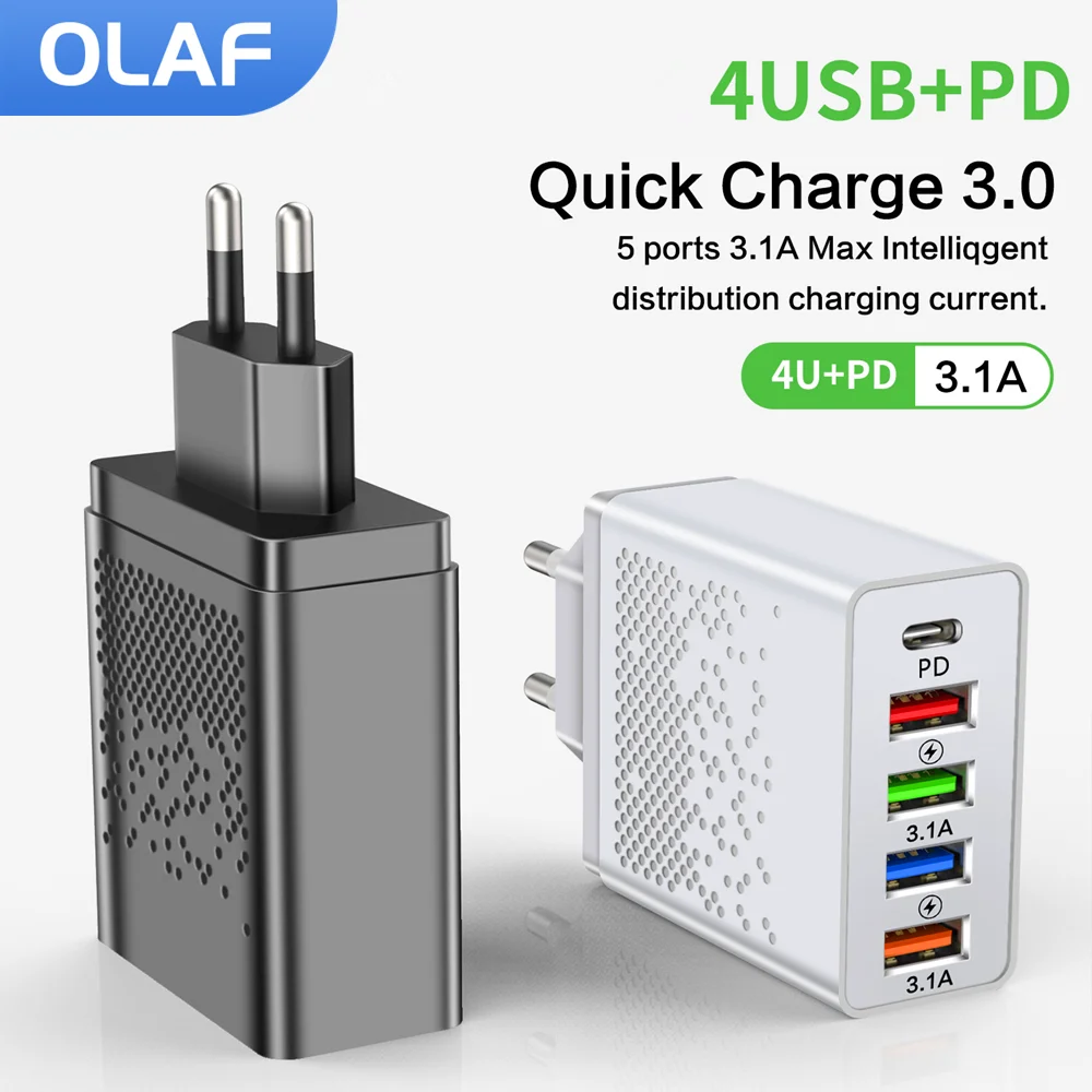 

Olaf 48W USB PD Type C Charger QC 3.0 Fast Charging Adapter For iPhone 13 12 Samsung Xiaomi 5 Ports USB Cell Phone Chargeurs