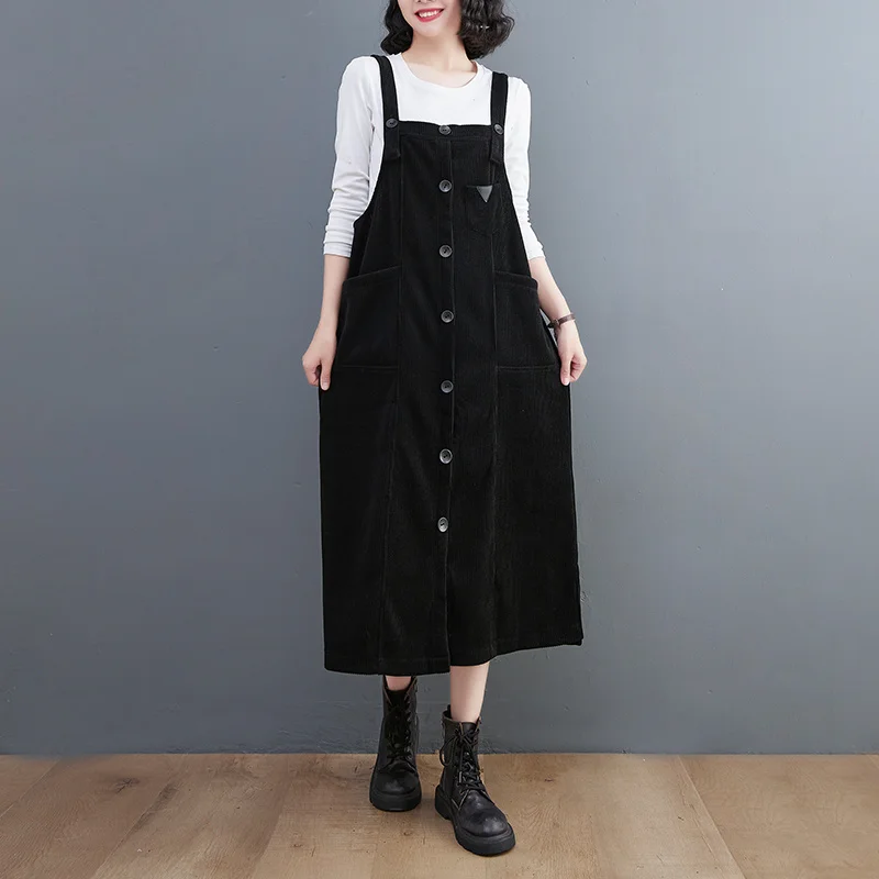 

#3463 осенне-зимнее винтажное вельветовое платье миди, женское платье без рукавов на бретелях-спагетти, однобортное платье-трапеция с кармана...