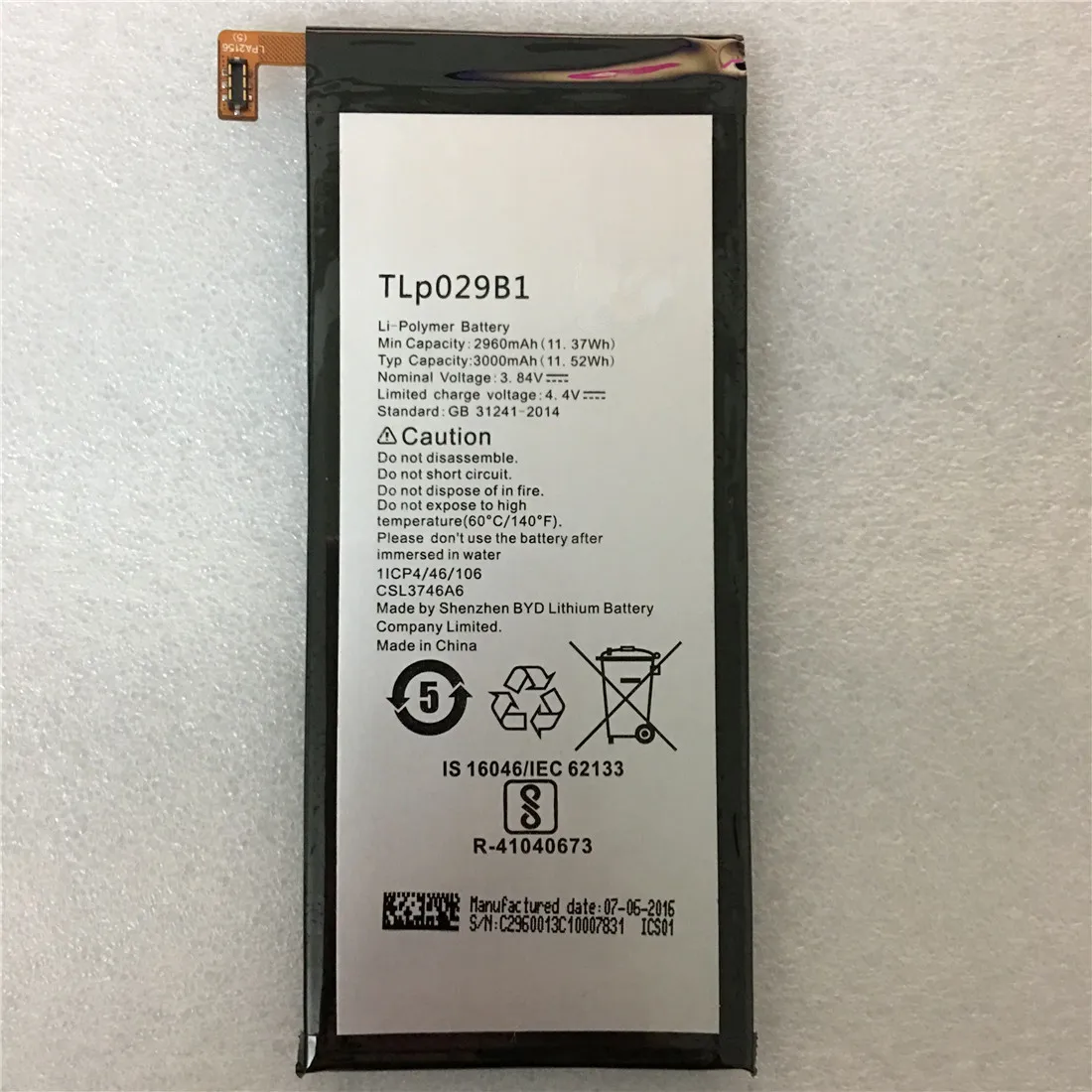 

Original TLp029B1 2960mAh For Alcatel OT-5095/5095B/5095I, OT-5095K/L/Y, Touch Pop 4S Li-ion Built-in Mobile Phone Battery