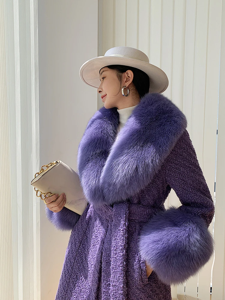 

OFTBUY 2022 Wool Blends Real Fur Coat Winter Jacket Women Plaid Fox Fur Collar Cuffs Tweed Women X-Long Slim Belt Thick Warm New