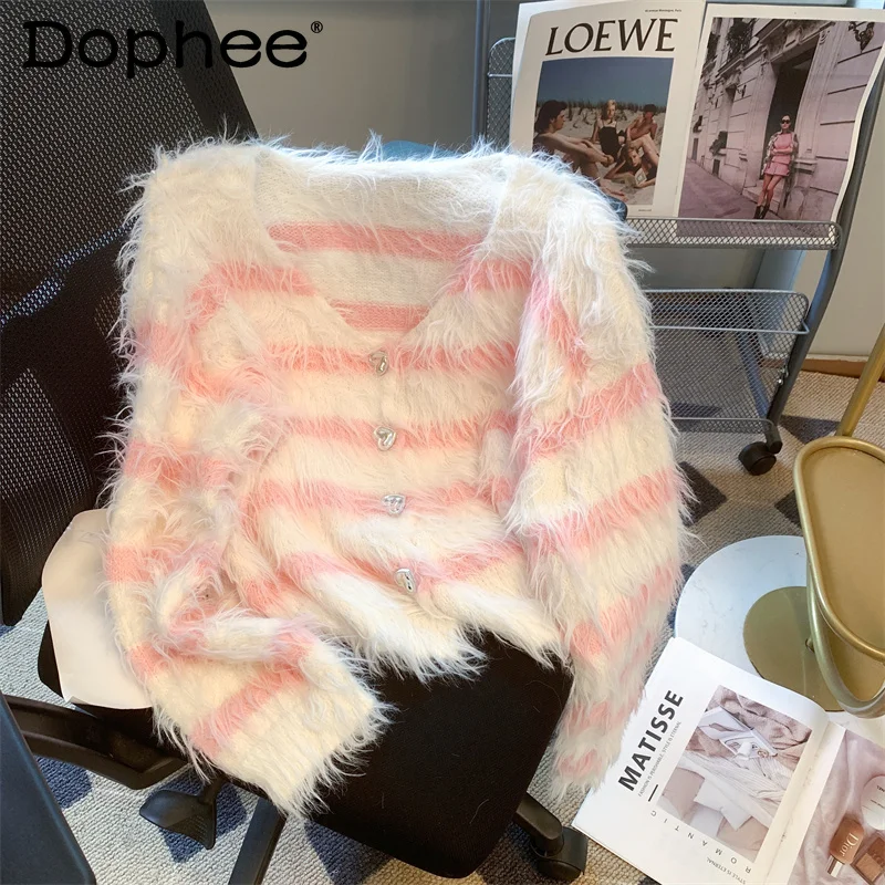 

New Arrival Elegant V-neck Mink Fur Knitted Coat Women Loose Striped Cardigan Sweater Female Winter Single-Breasted Sweaters Top