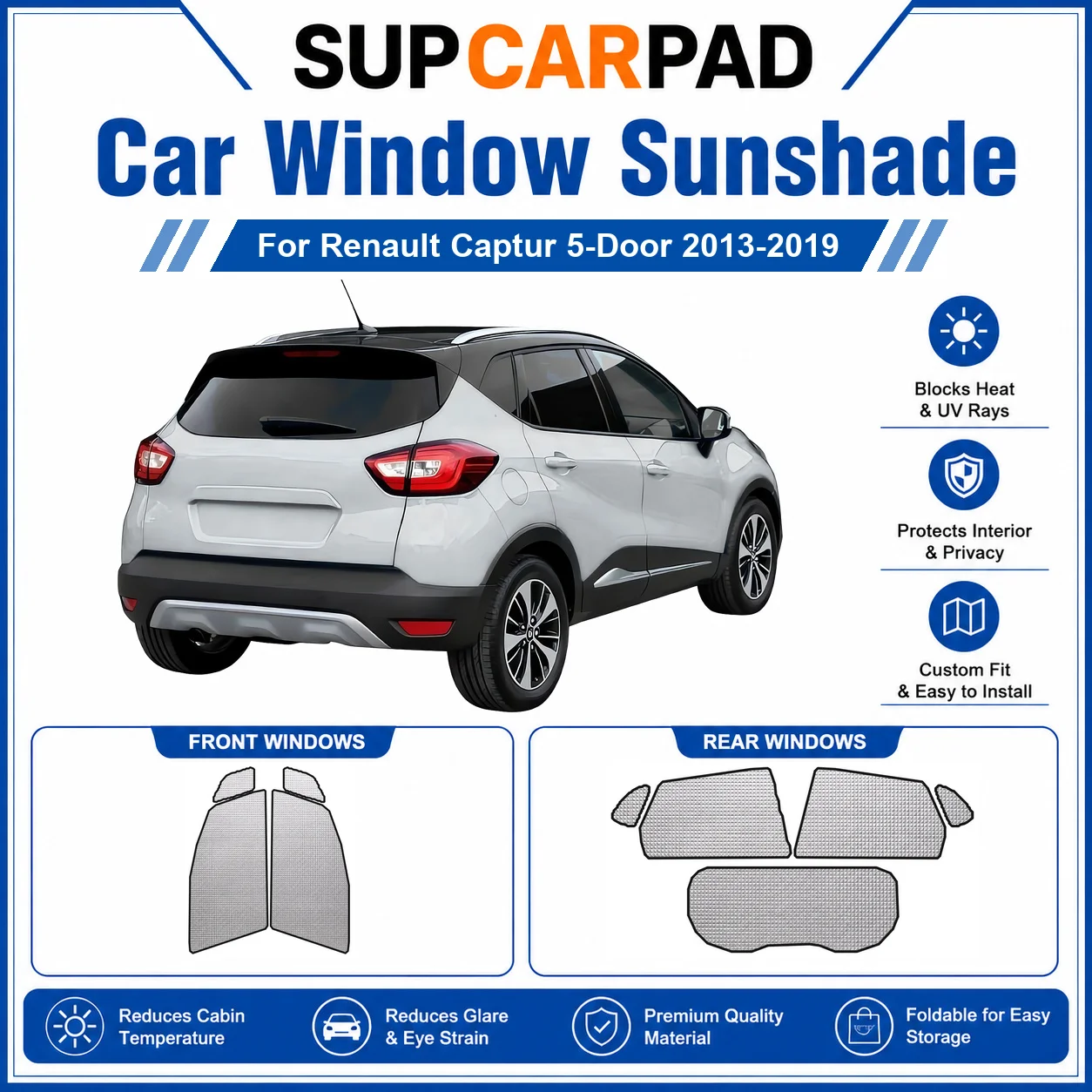 Фото Для Renault Captur 5-дверный 2013-2019: Полный комплект солнцезащитных шторок на окна автомобиля, блокирующих УФ-излучение, обеспечивающих конфиденциальность и теплоизоляцию, складные автомобильные шторки №1