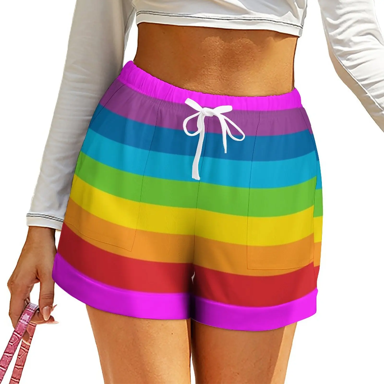 

Striped Pattern Shorts Women Rainbow Stripes Casual Printed Shorts Elastic High Waist Oversized Short Pants Kawaii Bottoms