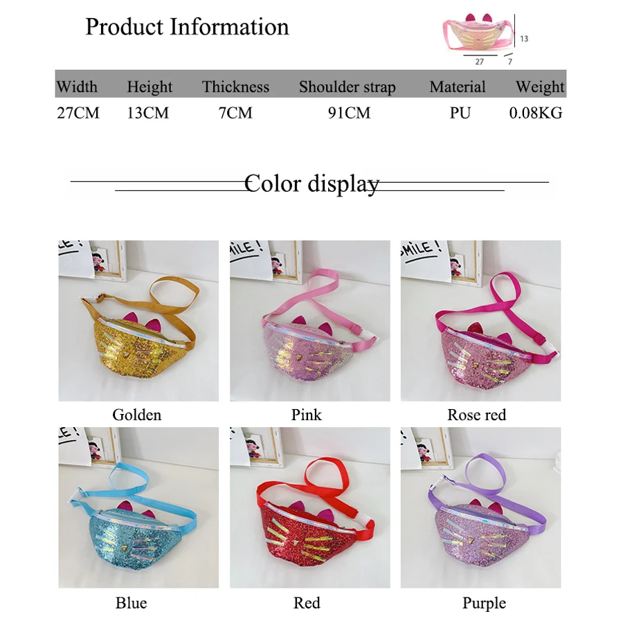 Glitter Waist Bag for Girls PU Sequins Cartoon Cross Body Fashion Bling Shoulder Chest Bag Baby Purse Bumbag Fanny Pack for Kids