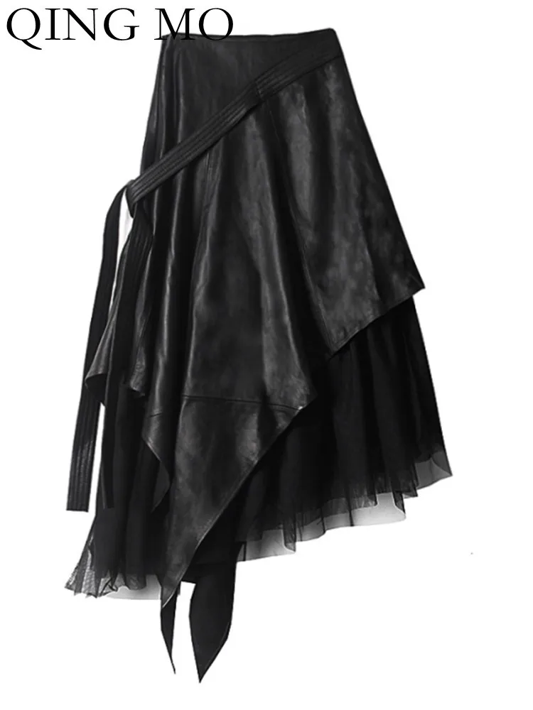 

Женская Асимметричная юбка из ПУ кожи QING MO, комбинированная сетчатая трапециевидная юбка средней длины с высокой талией, ZXF1281, весна-лето 2023