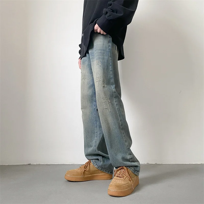 Blue Baggy Jeans Men Fashion Vintage Ripped Jeans Men Streetwear Hip-hop Loose Straight Denim Pants Mens Hole Trousers S-2XL
