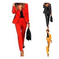 new arrivals solid color blazers sets for women long sleeve cardigan lapel neck single breasted slim pants 2 piece suits 1180