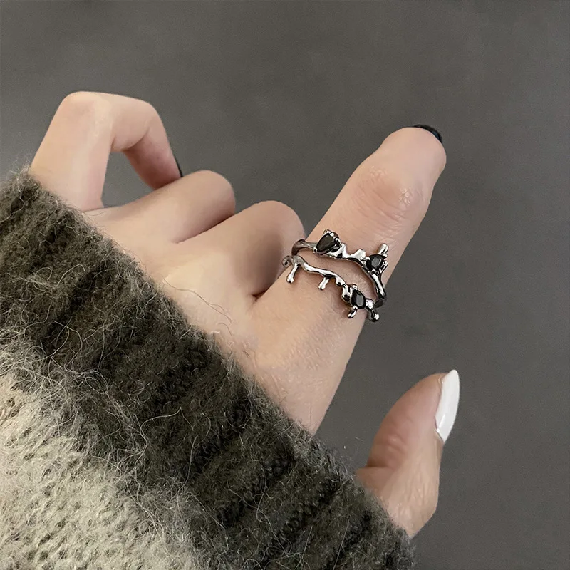 

Surflove Irregular Gothic Style Rings for Teens Dark Sweet Cool Premium Double Lava Black Stone Ring Gift To Girlfriend