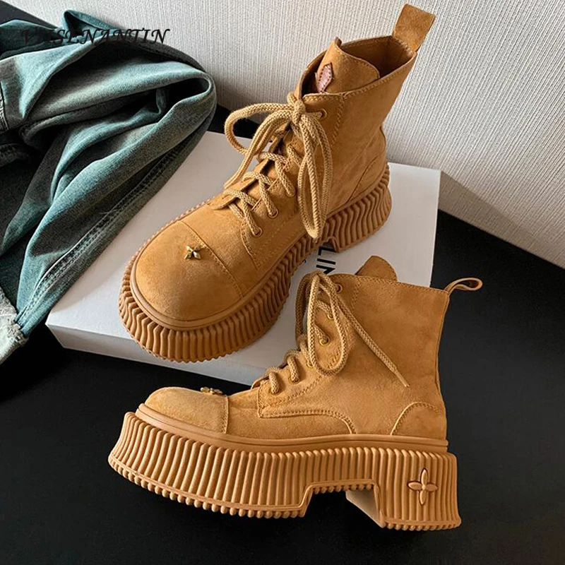 

Женские ботинки-мартинсы на толстой подошве с круглым носком, в стиле ретро, на шнуровке, большие желтые ботинки в британском стиле, 2023