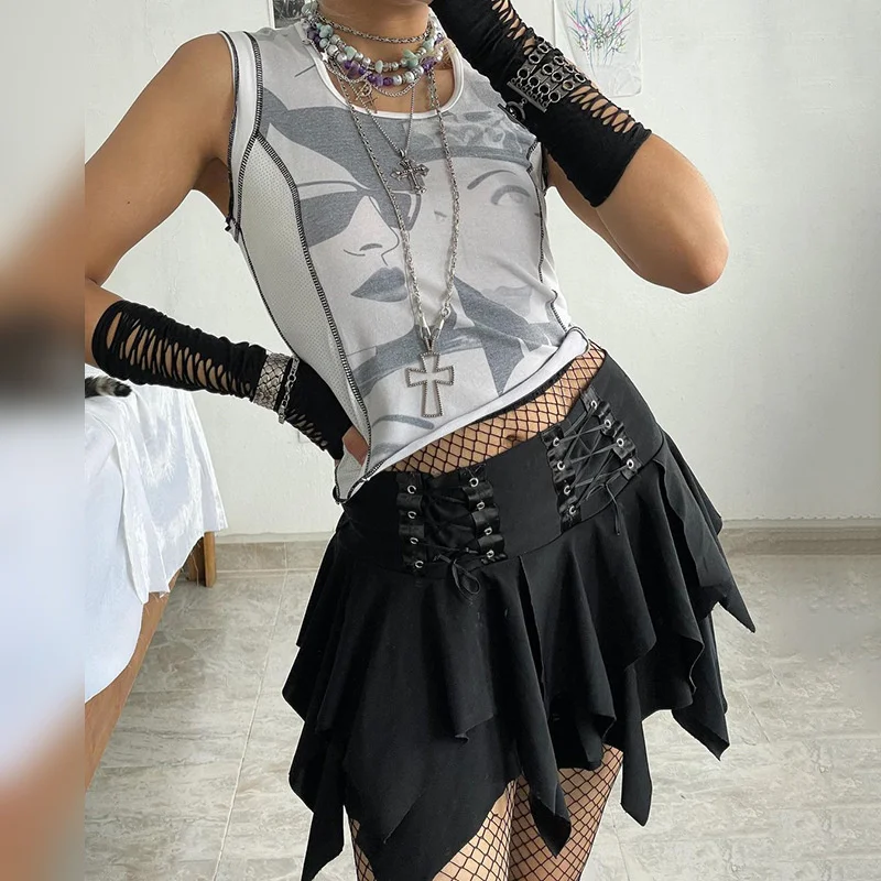 

Dark Gothic Corns Bandage Irregular A-line Skirt High Waist Slim Black Skirt