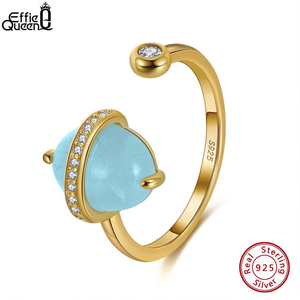 

Effie Queen Genuine Natural Aquamarine 925 Sterling Silver Adjustable Rings Gemstone 14K Gold Plated Ring for Women Gift GMR03