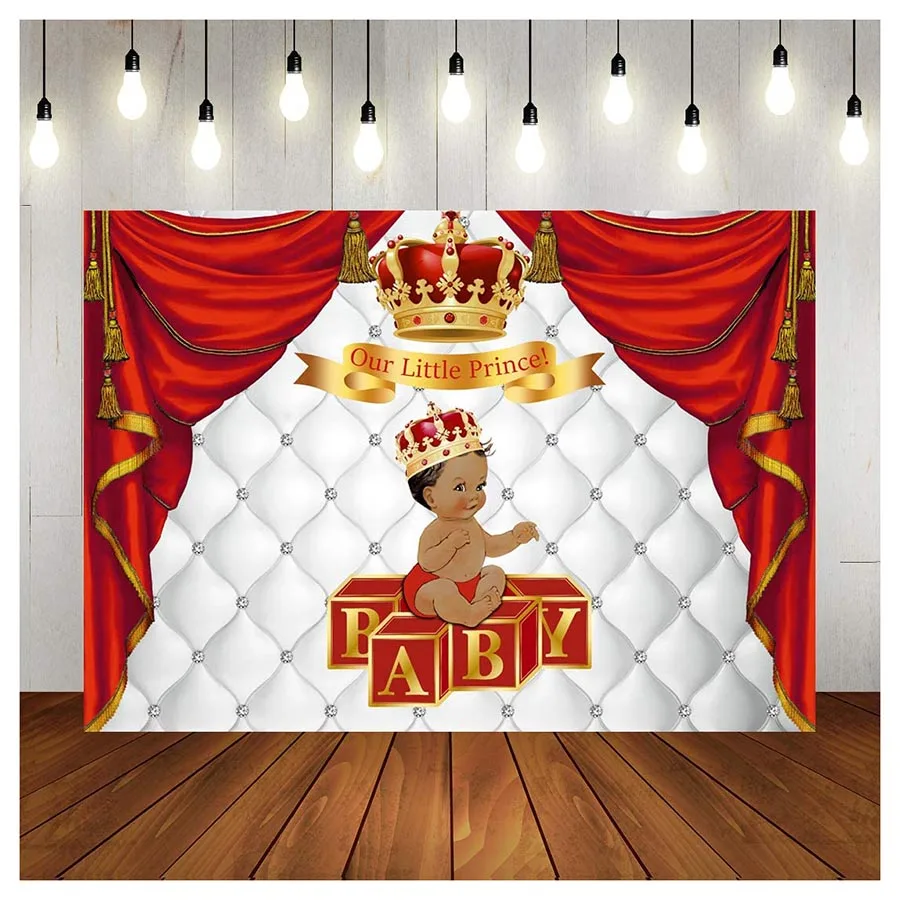 

Royal Prince Baby Shower Photo Backdrop Red Gold Crown and Curtain Photography Background Little Boy Newborn Baby Party Banner