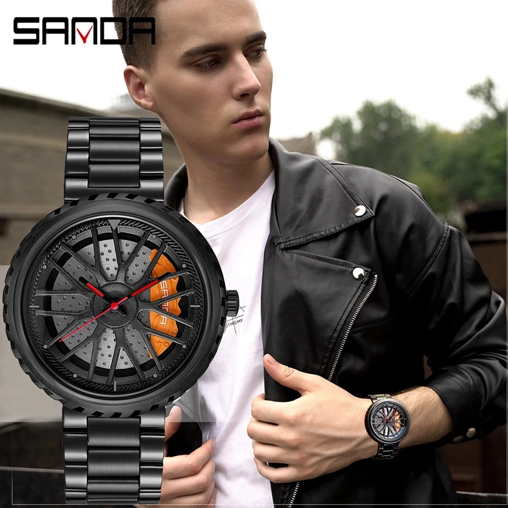 

SANDA Hot Sell Quartz Men Watch Fashion Cool Wheel Dial Car Watches Steel Strap Live Waterproof Gift Relogio Masculino 1042