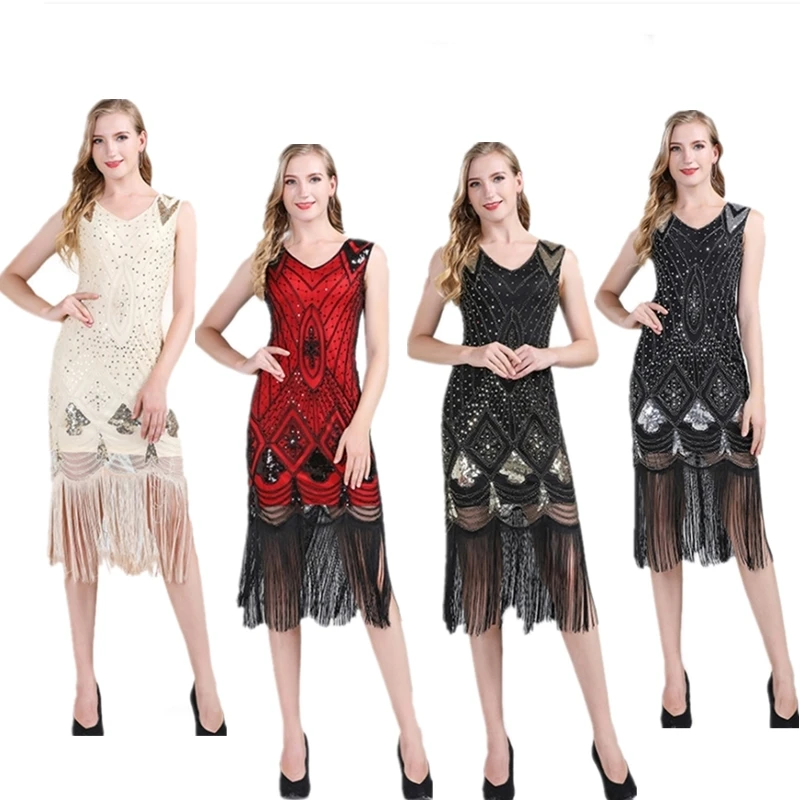 

1920s Vintage Aequins Tassel Front And Back Deep V-neck Stylish Party Evening Dress