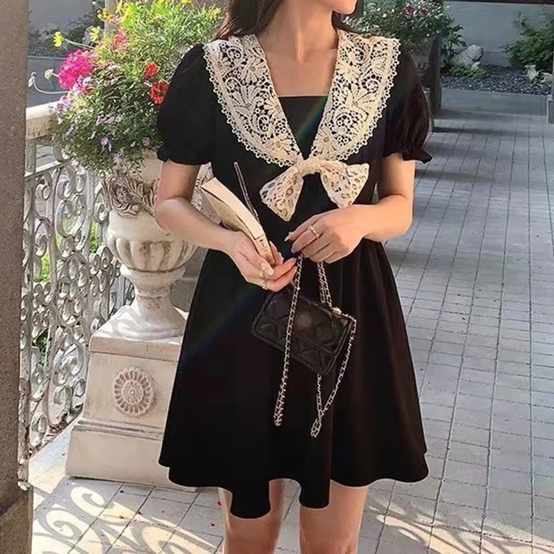 

Summer French Vintage Lace Splice Doll Neck Dress Women's Summer Little Black vestido black dress