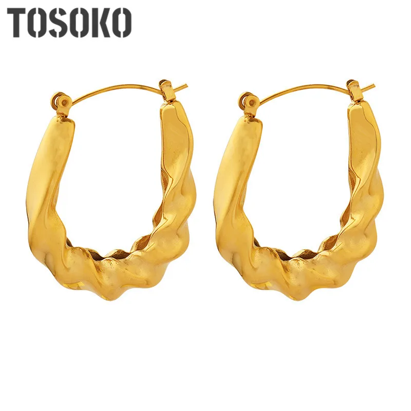 

TOSOKO Stainless Steel Jewelry Metallic Geometric U-Shaped Earrings Female Personality Fried Dough Twist Earrings BSF165