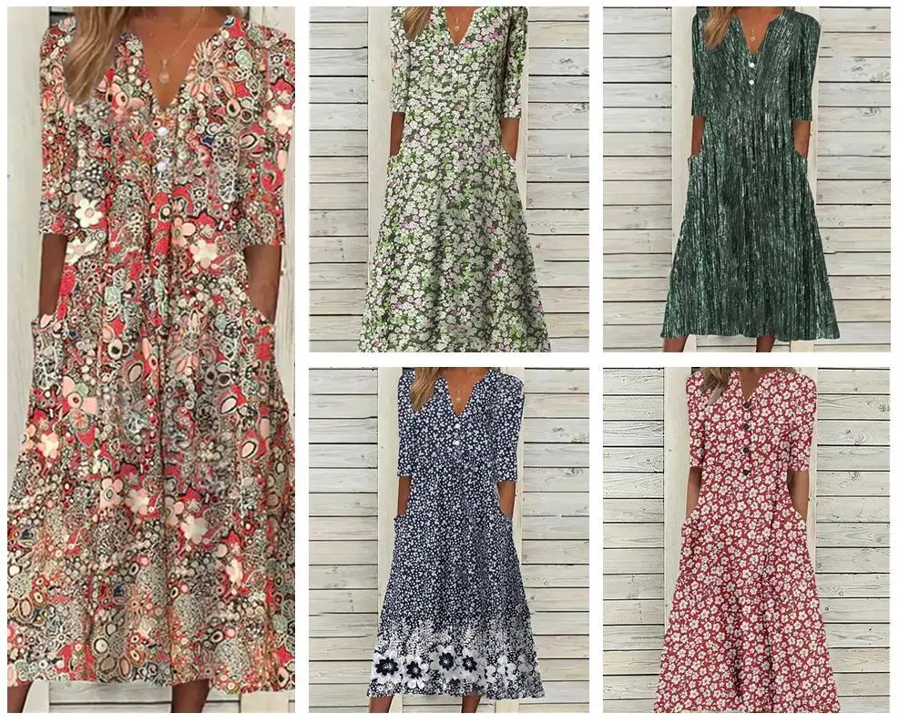 

Женское Повседневное платье средней длины, платье с коротким рукавом и цветочным принтом, платье с V-образным вырезом на осень и весну, лето