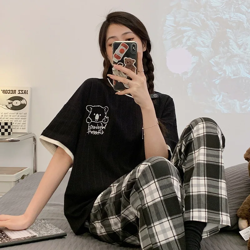 New Sleepwear Cotton Pajamas Set for Women Long Pants Short Sleeved Summer Spring Cartoon Loungewear Fashion Home Clothing Homew