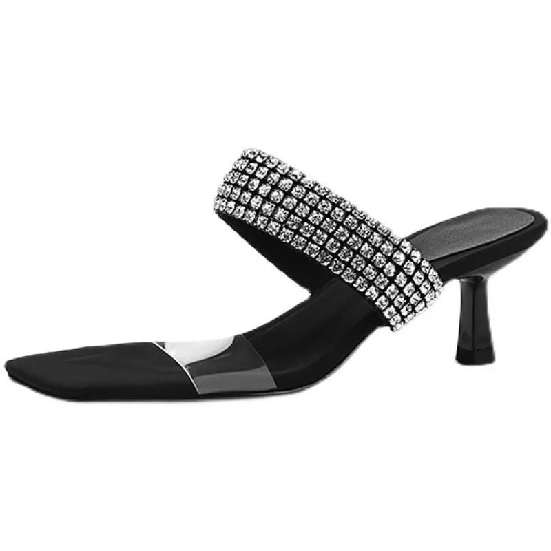 NEW Design Clear PVC Transparent Crystal High Heel Slippers Summer Fashion Slip on Square Toe Slides Women Mules Pumps
