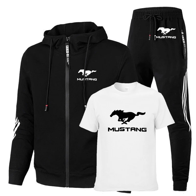 

Spring Autumn Men's suits Mustang Car Logo Printed Fashion splice Sweatshirt Cotton casual Men's T-shirt+sports pants 3-piece se