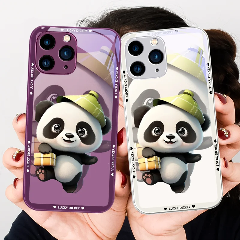 Silver Metallic Paint Tempered Glass Phone Case for Iphone 14 13 12 11 Pro Max X XS XR 7 8 Plus 2020 SE Cute Panda In Gift Box