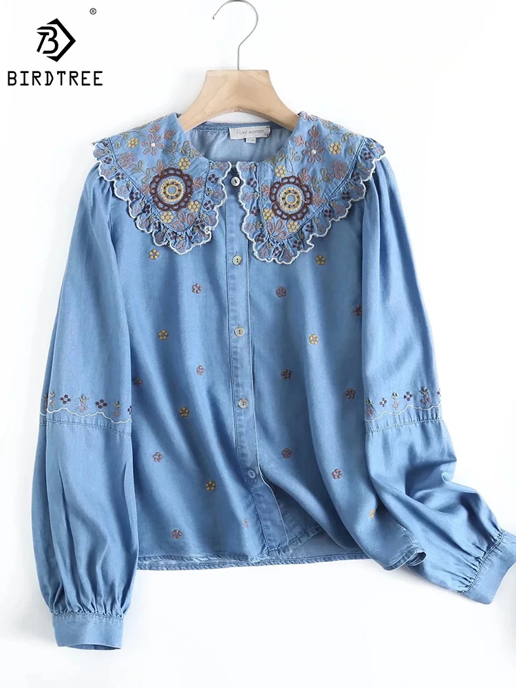 

2023 Autumn New Tencel Cotton Denim Shirt Doll Collar Embroidery Version Loose Thin Casual Comfortable Blouse Woman T39527QD