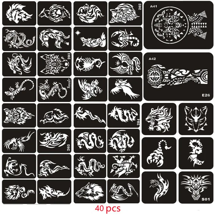 40pcs/set Reusable Airbrush Stencils for Painting Dragon Wolf Henna Template for Men Tattoo Supplies Stencil Para Pintura