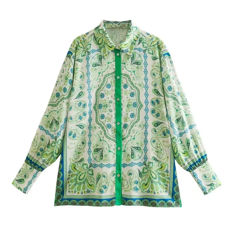 

2022 Women Spring New Fashion Loose Blouses Vintage Long Sleeve Button-up Female Shirts Green Chic Tops