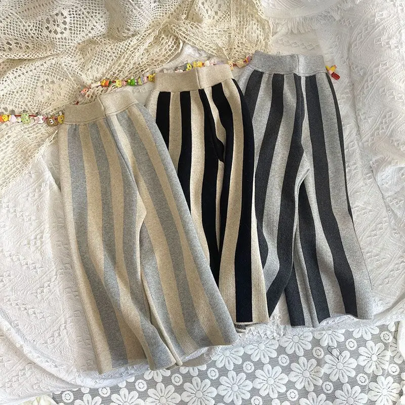 

2022 Wide Leg Pants Elastic Waist Ankle Length Loose Striped Cotton New Fashion Casual Simple Modern Winter Children Girls Kids