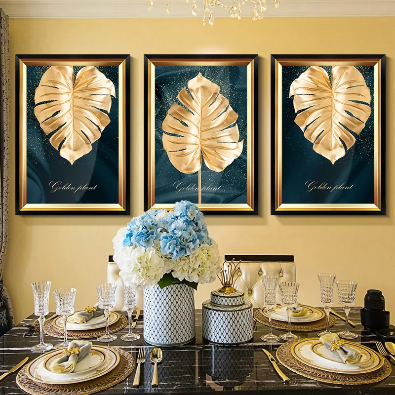 

Modern Golden Leaf Plant Abstract Wall Art Paintings Canvas Posters Living Room Decoration Blue Gold Leaves Home Bedroom Decor