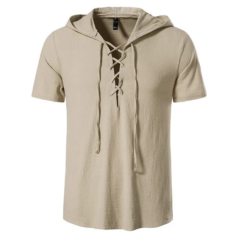 

Men's Hoodie Lace Up Hippie Cotton Linen Shirt Scottish Jacobite Ghillie Hooded Shirt Men Casual Soft Beach Top Yoga Shirt 2XL
