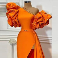 orange sexy satin short sleeve side slit one shoulder prom dress party banquet evening dress plus size custom
