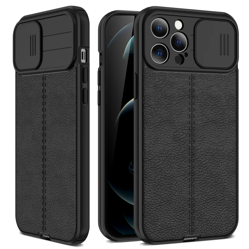 

Slide Camera Lens Protection Case For iPhone 13 12 11 Pro Max XR XS X 6 7 8 Plus Mini SE Leather Texture Cooling Soft Back Cover